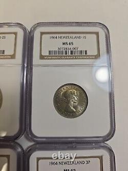 1964 New Zealand 4 Coin Set 2S, 1S, 3 & 6 Pence Graded NGC MS 65
