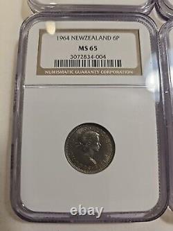 1964 New Zealand 4 Coin Set 2S, 1S, 3 & 6 Pence Graded NGC MS 65