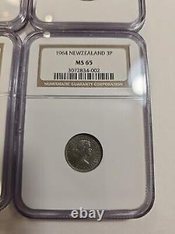 1964 New Zealand 4 Coin Set 2S, 1S, 3 & 6 Pence Graded NGC MS 65