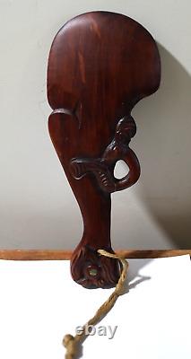 1981 Vintage Maori War Canoe Waka Taua Carved Wood Model Paua Shell New Zealand
