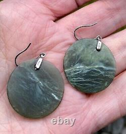 1.2 Disc Hand Carved Nz Maori Translucent Tangiwai Pounamu Silver Hook Earrings