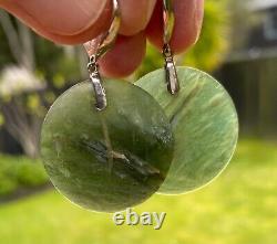 1.2 Disc Hand Carved Nz Maori Translucent Tangiwai Pounamu Silver Hook Earrings