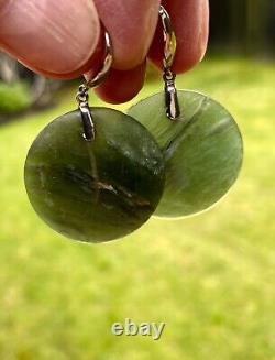 1.2 Disc Hand Carved Nz Maori Translucent Tangiwai Pounamu Silver Hook Earrings