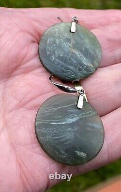 1.2 Disc Hand Carved Nz Maori Translucent Tangiwai Pounamu Silver Hook Earrings