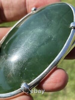 2 7/8 New Zealand Nephrite Greenstone JADE Cabochon STERLING SILVER Belt BUCKLE