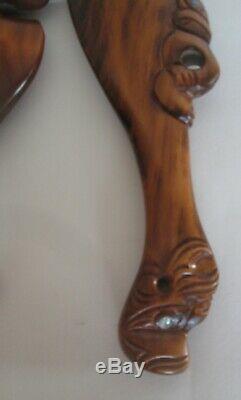 2 SET Maori Wood Wahaika War Club Abalone Eyes New Zealand Tiki Weapons Carved