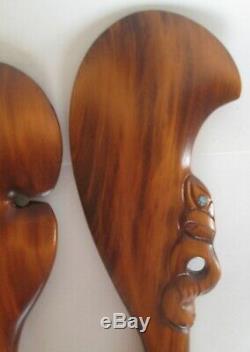 2 SET Maori Wood Wahaika War Club Abalone Eyes New Zealand Tiki Weapons Carved