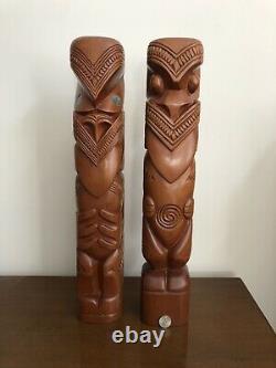 2 Vtg 20 Hand Carved Maori Wood Figures Couple NZ Est 60s Teko Tiki Post Totem