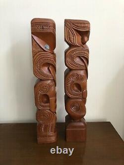 2 Vtg 20 Hand Carved Maori Wood Figures Couple NZ Est 60s Teko Tiki Post Totem