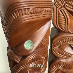 2 Vtg 20 Hand Carved Maori Wood Figures Couple NZ Est 60s Teko Tiki Post Totem