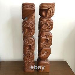 2 Vtg 20 Hand Carved Maori Wood Figures Couple NZ Est 60s Teko Tiki Post Totem