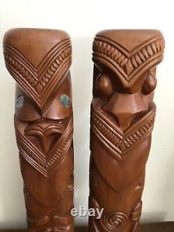 2 Vtg 20 Hand Carved Maori Wood Figures Couple NZ Est 60s Teko Tiki Post Totem