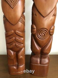 2 Vtg 20 Hand Carved Maori Wood Figures Couple NZ Est 60s Teko Tiki Post Totem