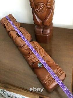 2 Vtg 20 Hand Carved Maori Wood Figures Couple NZ Est 60s Teko Tiki Post Totem