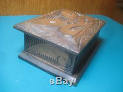 4.5 MAORI MOKO MASK BOX New Zealand tribal hand carved paua eyes trinket wood