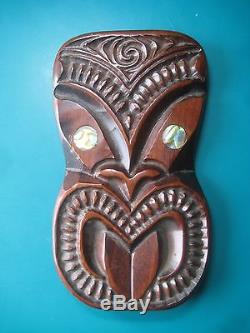 4.5 MAORI MOKO MASK BOX New Zealand tribal hand carved paua eyes trinket wood