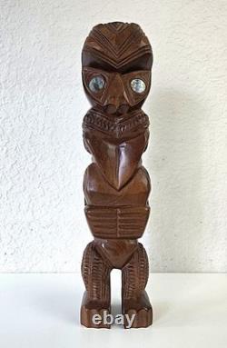 60s Vintage Maori Tiki Statue Carved Wood Paua Shell Eyes New Zealand Tribal Art