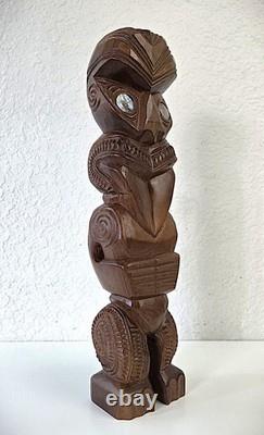 60s Vintage Maori Tiki Statue Carved Wood Paua Shell Eyes New Zealand Tribal Art