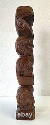 60s Vintage Maori Tiki Statue Carved Wood Paua Shell Eyes New Zealand Tribal Art