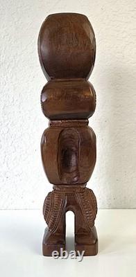 60s Vintage Maori Tiki Statue Carved Wood Paua Shell Eyes New Zealand Tribal Art