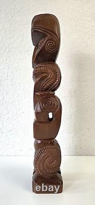 60s Vintage Maori Tiki Statue Carved Wood Paua Shell Eyes New Zealand Tribal Art