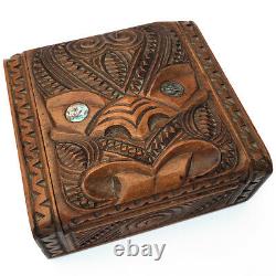 A Beautiful Vintage Maori Tiki Carved Wooden Box Abalone Eyes New Zeeland