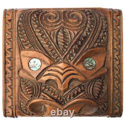 A Beautiful Vintage Maori Tiki Carved Wooden Box Abalone Eyes New Zeeland