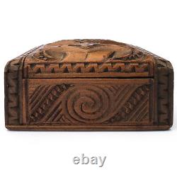 A Beautiful Vintage Maori Tiki Carved Wooden Box Abalone Eyes New Zeeland