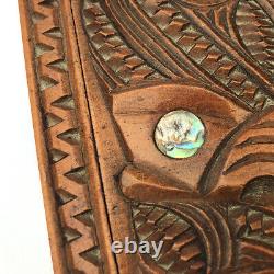 A Beautiful Vintage Maori Tiki Carved Wooden Box Abalone Eyes New Zeeland