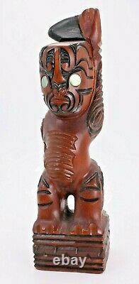 A Moana Wood Carvings Rotorua New Zealand Figure Tribal Tiki Abalone Pearl Eyes