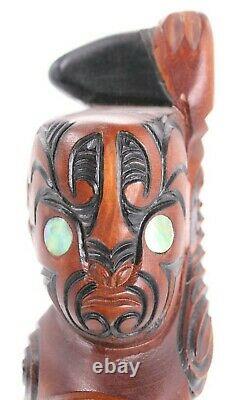 A Moana Wood Carvings Rotorua New Zealand Figure Tribal Tiki Abalone Pearl Eyes