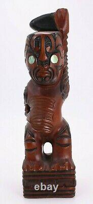 A Moana Wood Carvings Rotorua New Zealand Figure Tribal Tiki Abalone Pearl Eyes