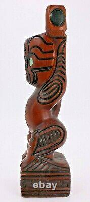 A Moana Wood Carvings Rotorua New Zealand Figure Tribal Tiki Abalone Pearl Eyes