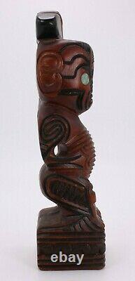 A Moana Wood Carvings Rotorua New Zealand Figure Tribal Tiki Abalone Pearl Eyes