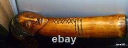 Antique Heavy New Zealand Maori Totem Cane Walking Stick Paua Shells Metal Spike
