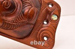 Antique New Zealand Maori Carved WOOD Lidded BOX Abalone Shell Inlay eyes TIKI