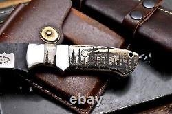 CFK Handmade 154CM Custom FOREST MOON Scrimshaw New Zealand Red Stag Blade Knife