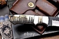 CFK Handmade 154CM Custom FOREST MOON Scrimshaw New Zealand Red Stag Blade Knife