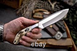 CFK Handmade 440C Custom WOLF & PAW Scrimshaw New Zealand Red Stag Antler Knife