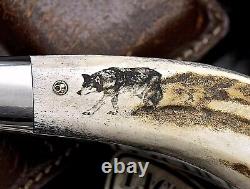 CFK Handmade 440C Custom WOLF & PAW Scrimshaw New Zealand Red Stag Antler Knife