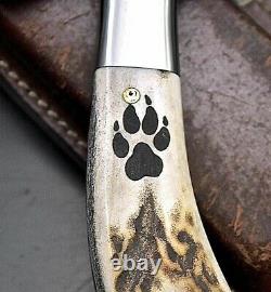 CFK Handmade 440C Custom WOLF & PAW Scrimshaw New Zealand Red Stag Antler Knife