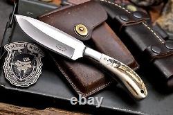 CFK Handmade 440C Custom WOLF & PAW Scrimshaw New Zealand Red Stag Antler Knife