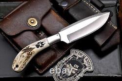 CFK Handmade 440C Custom WOLF & PAW Scrimshaw New Zealand Red Stag Antler Knife