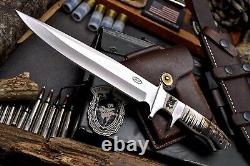 CFK Handmade ATS 34 Custom WOLF Scrimshaw Bone New Zealand Red Stag Antler Knife