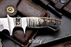 CFK Handmade ATS 34 Custom WOLF Scrimshaw Bone New Zealand Red Stag Antler Knife