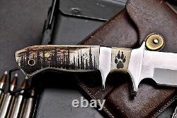 CFK Handmade ATS 34 Custom WOLF Scrimshaw Bone New Zealand Red Stag Antler Knife
