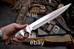 CFK Handmade ATS 34 Custom WOLF Scrimshaw Bone New Zealand Red Stag Antler Knife