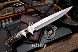 CFK Handmade ATS 34 Custom WOLF Scrimshaw Bone New Zealand Red Stag Antler Knife