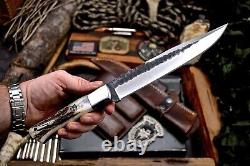 CFK Handmade D2 Custom BEAR WOLF Scrimshaw New Zealand Red Stag Antler Knife