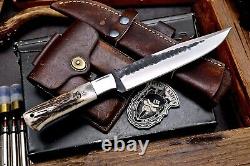 CFK Handmade D2 Custom BEAR WOLF Scrimshaw New Zealand Red Stag Antler Knife